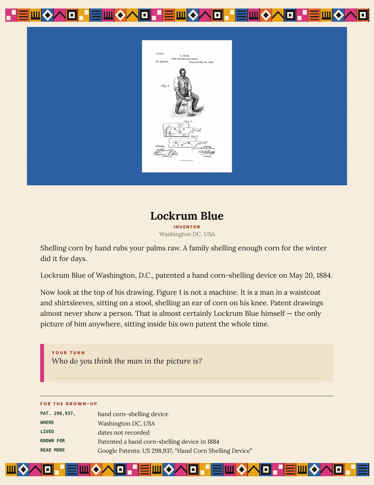 A page from What You Come From: Lockrum Blue and his corn sheller blueprint