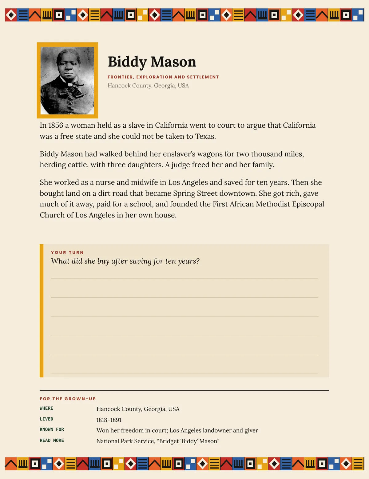 A page from What You Come From: Biddy Mason
