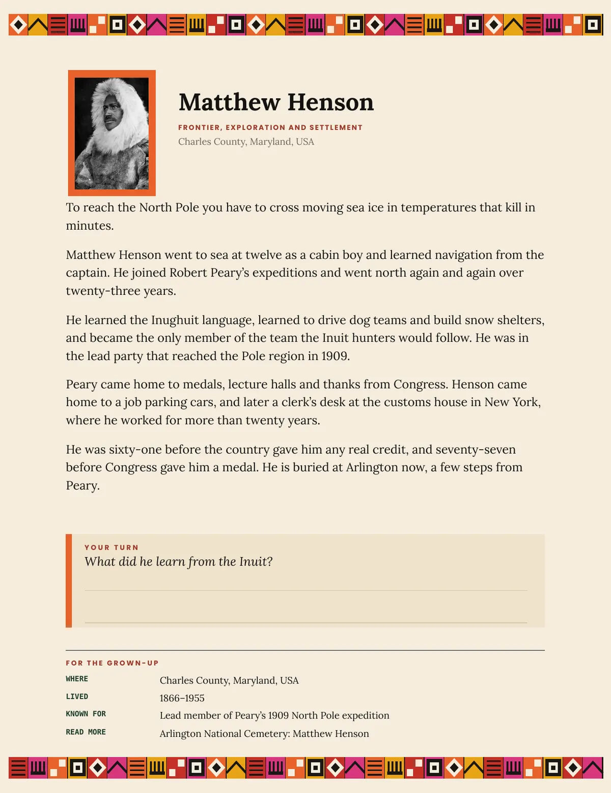 A page from What You Come From: Matthew Henson