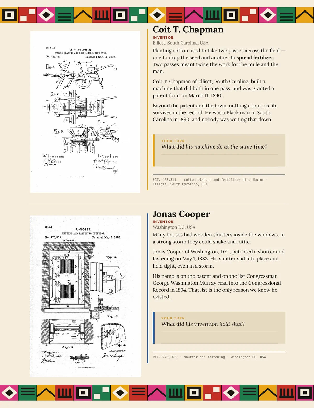 A page from What You Come From: Coit Chapman and Jonas Cooper, with their patent drawings