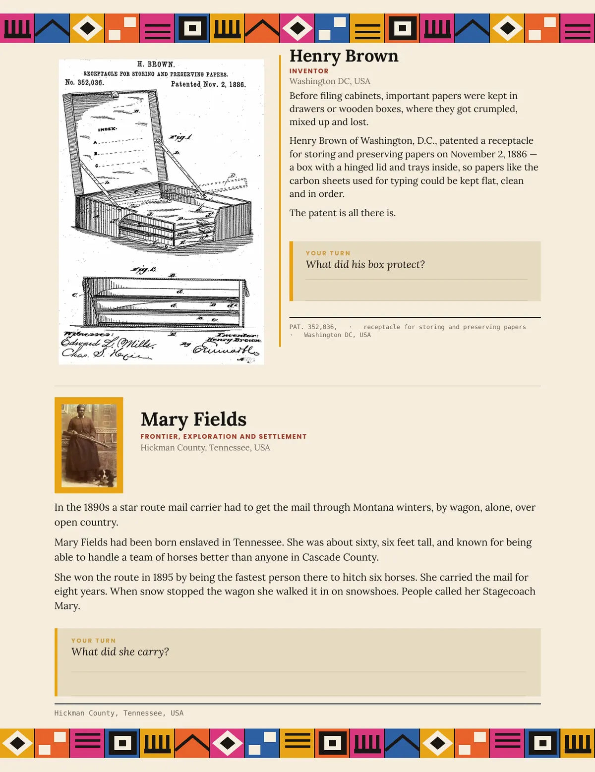 A page from What You Come From: Henry Brown and Mary Fields