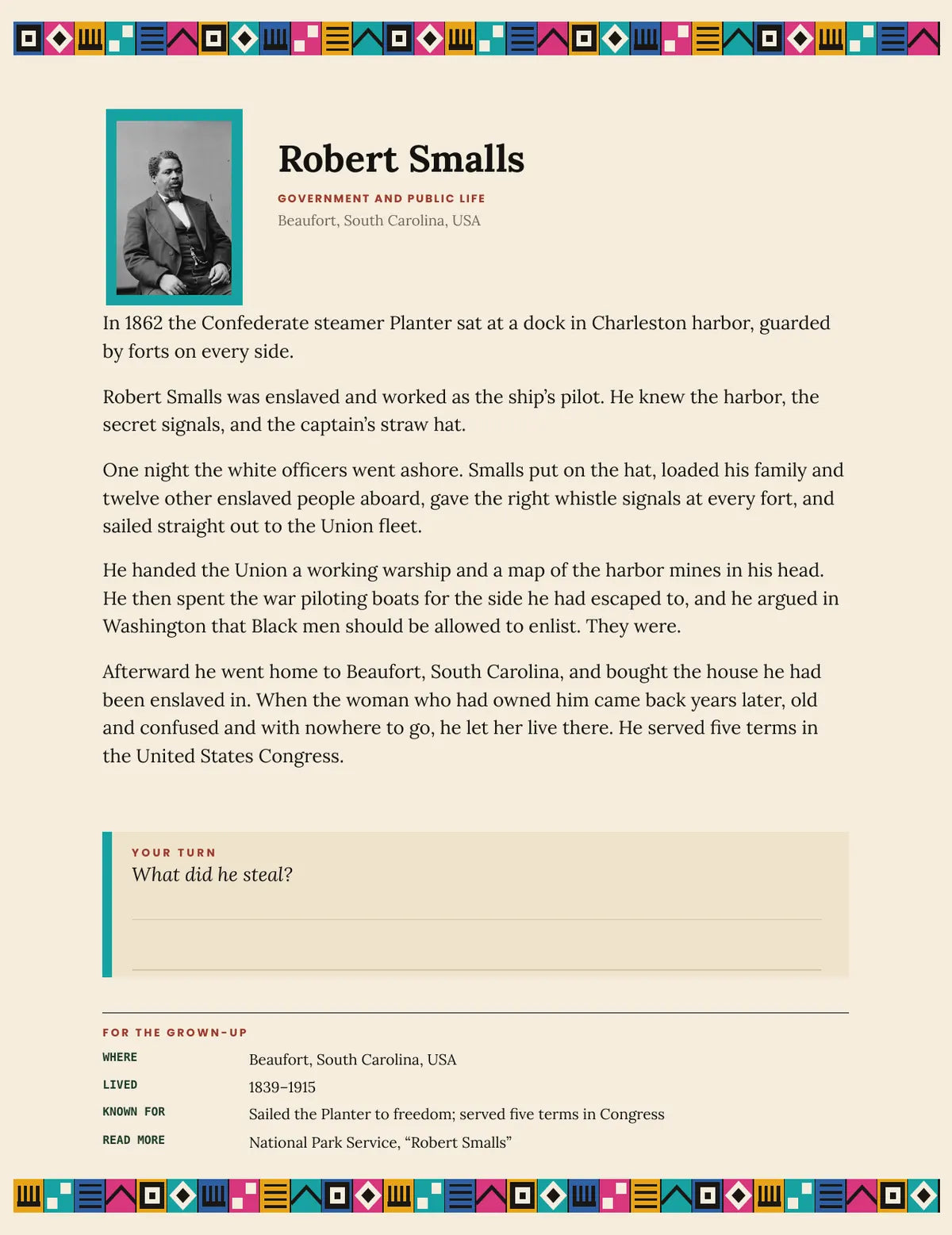 A page from What You Come From: Robert Smalls