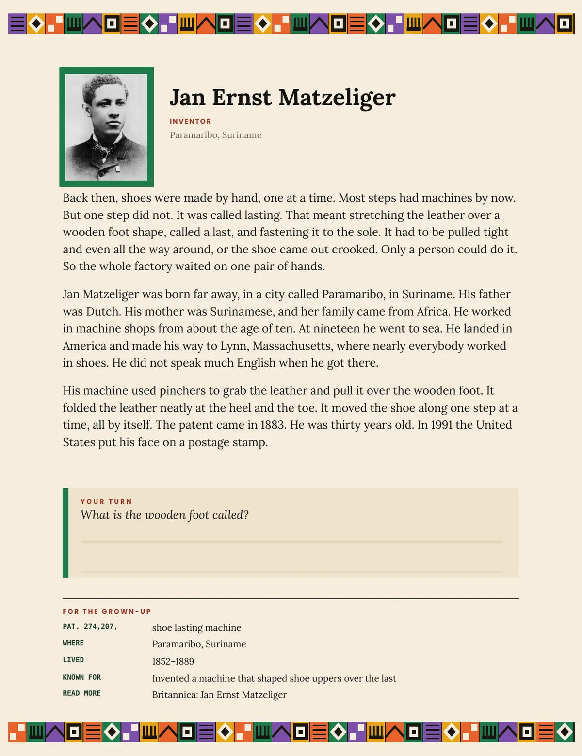 A page from What You Come From: Jan Ernst Matzeliger