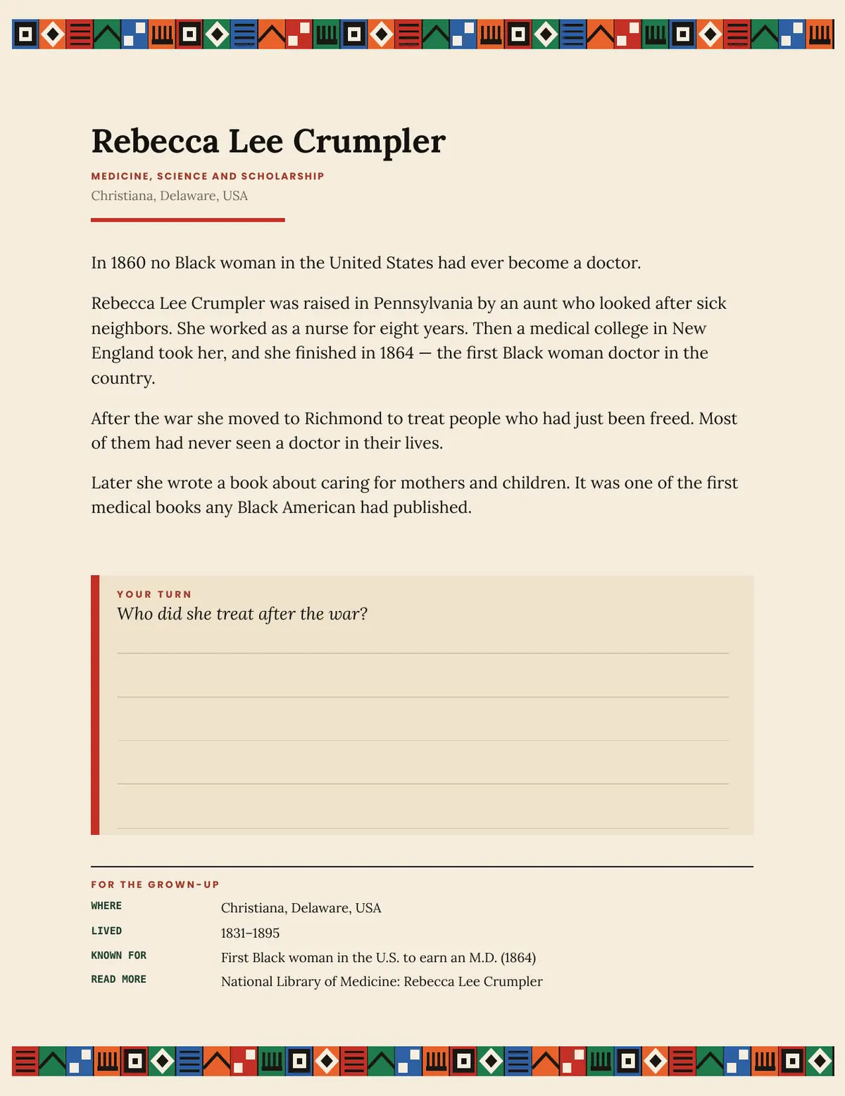 A page from What You Come From: Dr. Rebecca Lee Crumpler